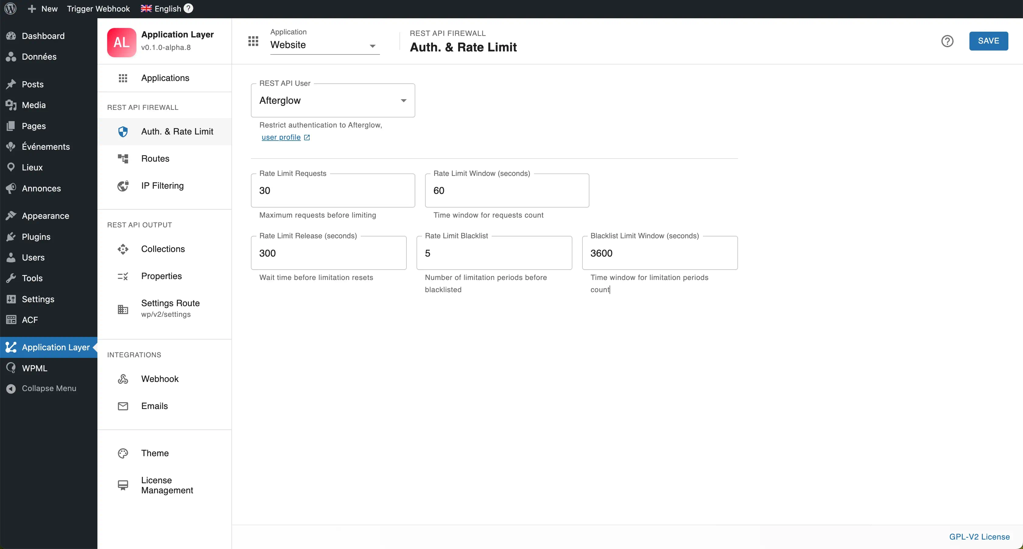 Auth and Rate Limiting tab